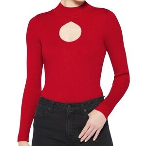 Wynter Women's Red Mock Neck Cut-Out Ribbed Sweater